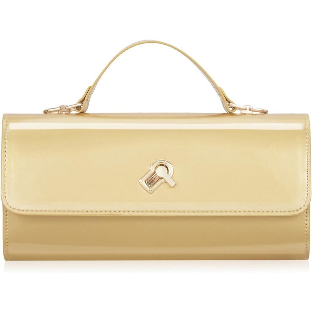 Women's Gold Evening Square Box Metallic Pu Leather Crossbody Shoulder Handbag